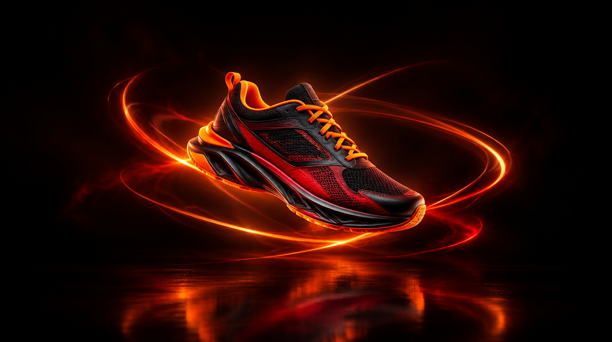 Original red and orange high-top sneaker floating on a dark red background